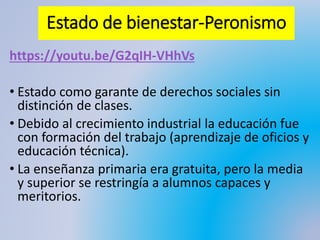 Estado de bienestar-Peronismo
https://youtu.be/G2qIH-VHhVs
• Estado como garante de derechos sociales sin
distinción de clases.
• Debido al crecimiento industrial la educación fue
con formación del trabajo (aprendizaje de oficios y
educación técnica).
• La enseñanza primaria era gratuita, pero la media
y superior se restringía a alumnos capaces y
meritorios.
 