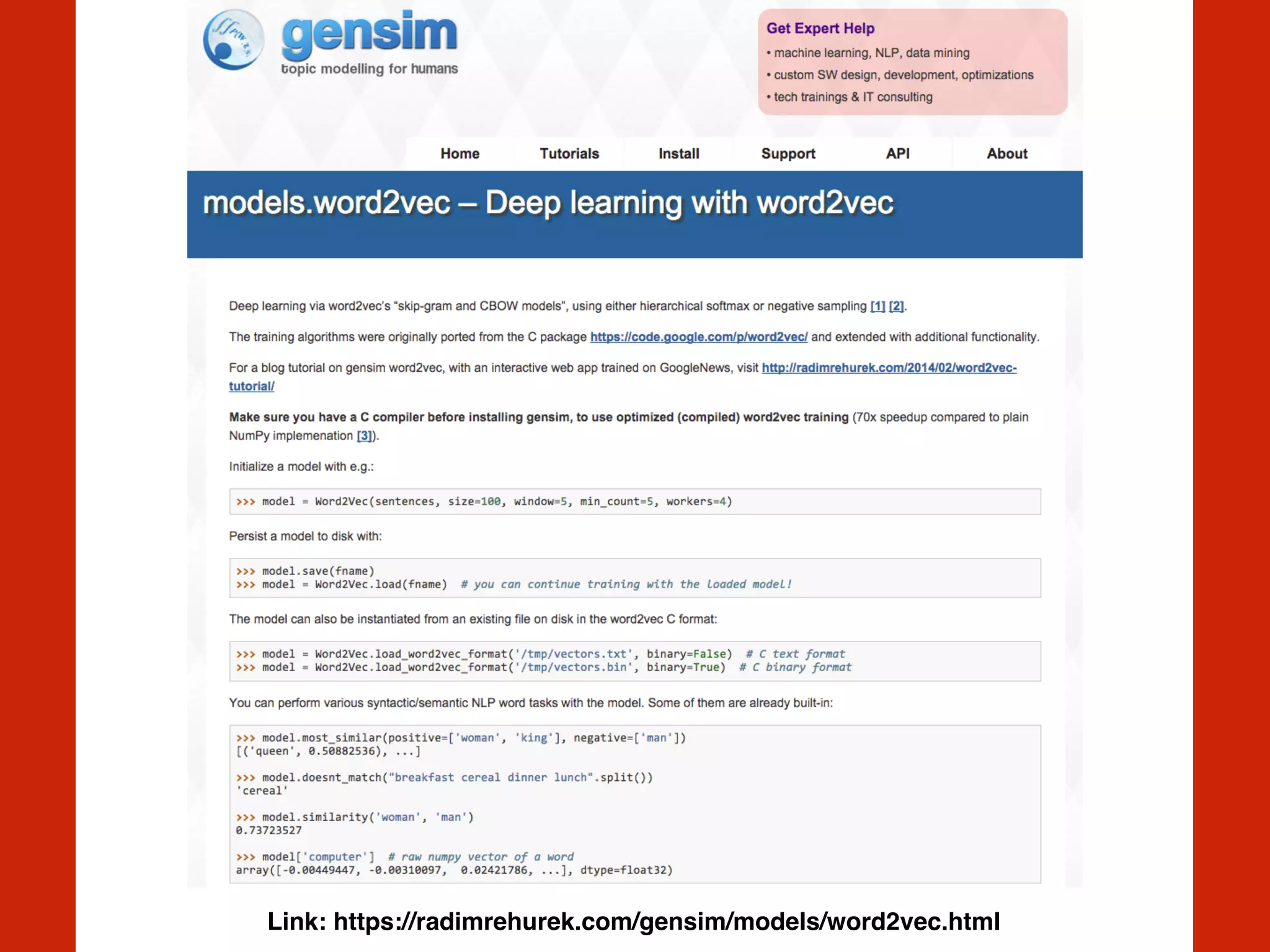Link: https://radimrehurek.com/gensim/models/word2vec.html
 