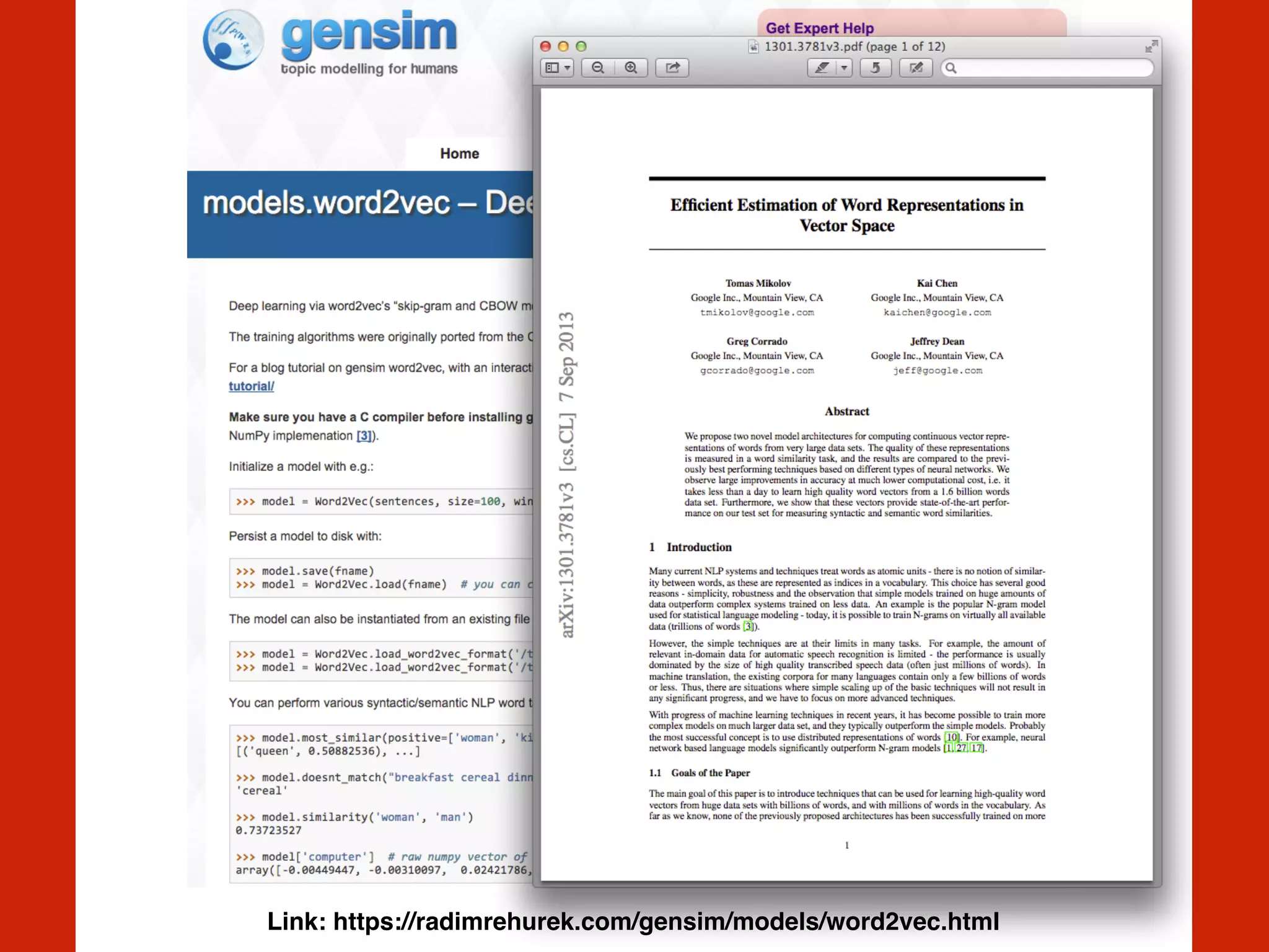 Link: https://radimrehurek.com/gensim/models/word2vec.html
 