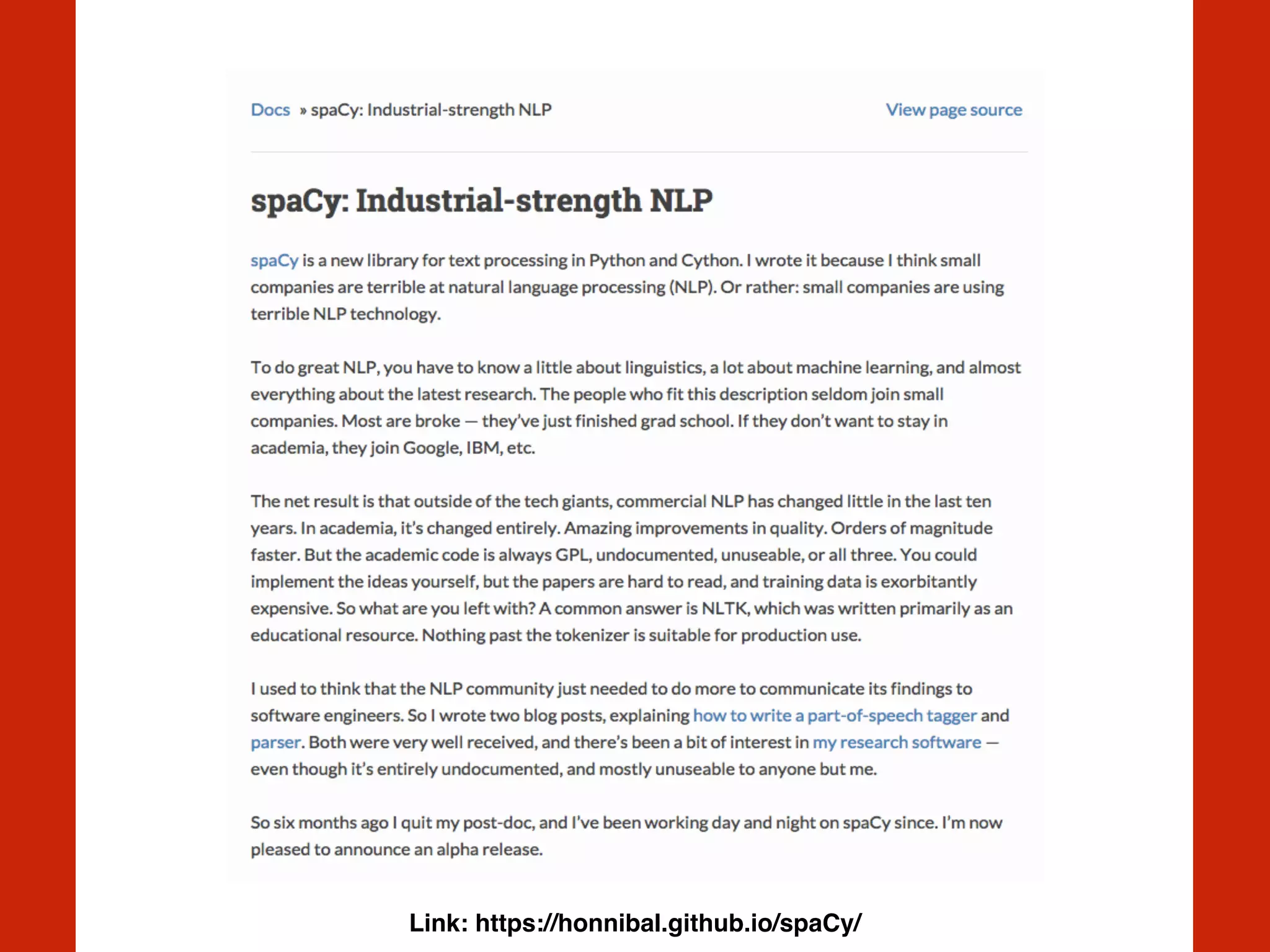 Link: https://honnibal.github.io/spaCy/
 