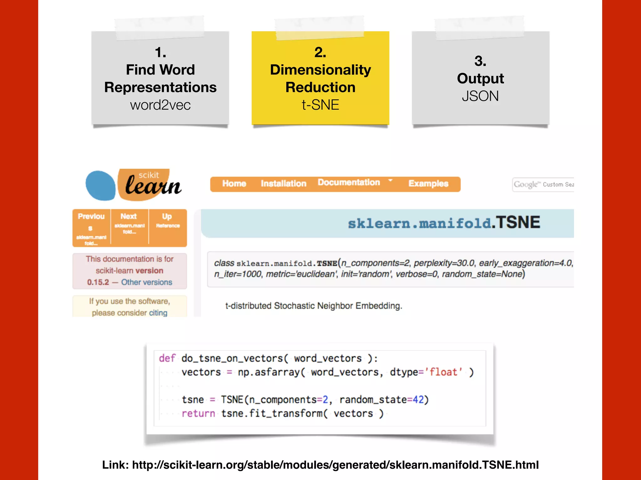 1.
Find Word
Representations
word2vec
2.
Dimensionality
Reduction
t-SNE
3.
Output
JSON
Link: http://scikit-learn.org/stable/modules/generated/sklearn.manifold.TSNE.html
 