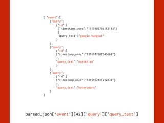 { "event":[
{"query":
{"id":[
{"timestamp_usec":"1317002730153183"}
],
"query_text":"google hangout"
}
},
{"query":
{"id":[
{"timestamp_usec":"1316577601549660"}
],
"query_text":"eurokrise"
}
},
{"query":
{"id":[
{"timestamp_usec":"1315592145720230"}
],
"query_text":"hoverboard"
}
}
parsed_json[‘event’][42]['query']['query_text']
 