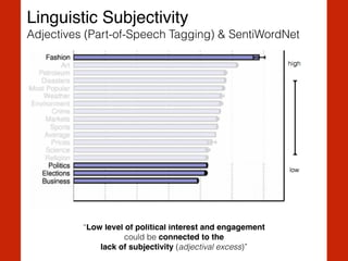 “Low level of political interest and engagement
could be connected to the !
lack of subjectivity (adjectival excess)”
Linguistic Subjectivity!
Adjectives (Part-of-Speech Tagging) & SentiWordNet
 