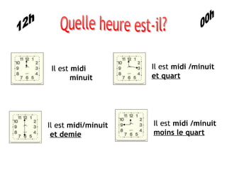Il est midi
minuit
Il est midi/minuit
et demie
Il est midi /minuit
et quart
Il est midi /minuit
moins le quart
 