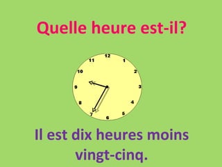 Quelle heure est-il? Il est dix heures moins vingt-cinq. 