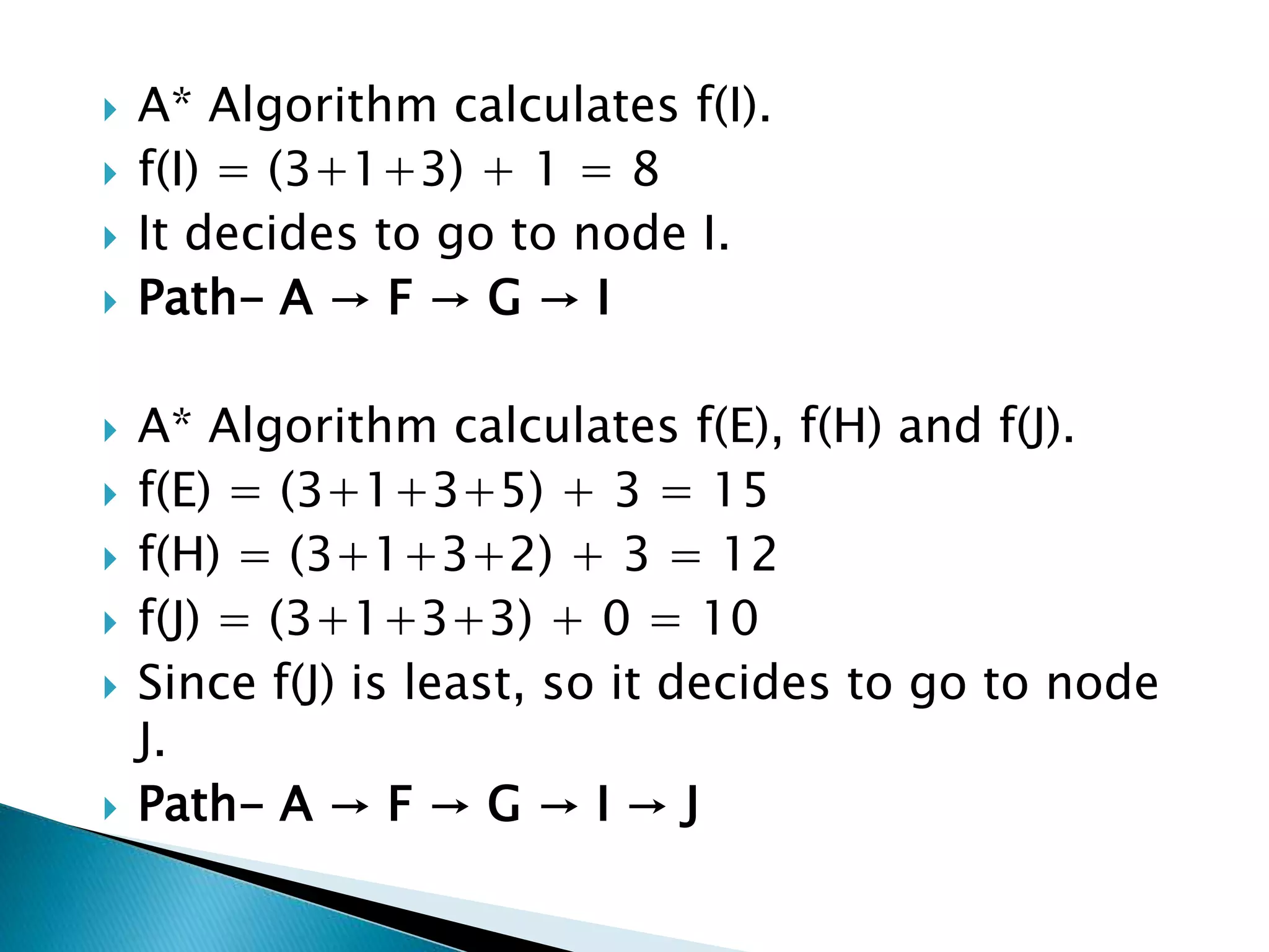  A* Algorithm calculates f(I).
 f(I) = (3+1+3) + 1 = 8
 It decides to go to node I.
 Path- A → F → G → I
 A* Algorithm calculates f(E), f(H) and f(J).
 f(E) = (3+1+3+5) + 3 = 15
 f(H) = (3+1+3+2) + 3 = 12
 f(J) = (3+1+3+3) + 0 = 10
 Since f(J) is least, so it decides to go to node
J.
 Path- A → F → G → I → J
 