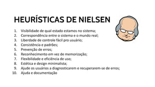 1. Visibilidade de qual estado estamos no sistema;
2. Correspondência entre o sistema e o mundo real;
3. Liberdade de controle fácil pro usuário;
4. Consistência e padrões;
5. Prevenção de erros;
6. Reconhecimento em vez de memorização;
7. Flexibilidade e eficiência de uso;
8. Estética e design minimalista;
9. Ajude os usuários a diagnosticarem e recuperarem-se de erros;
10. Ajuda e documentação
HEURÍSTICAS DE NIELSEN
 