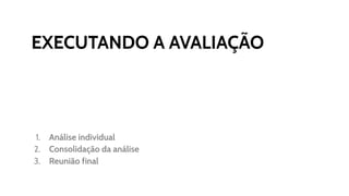 EXECUTANDO A AVALIAÇÃO
1. Análise individual
2. Consolidação da análise
3. Reunião final
 