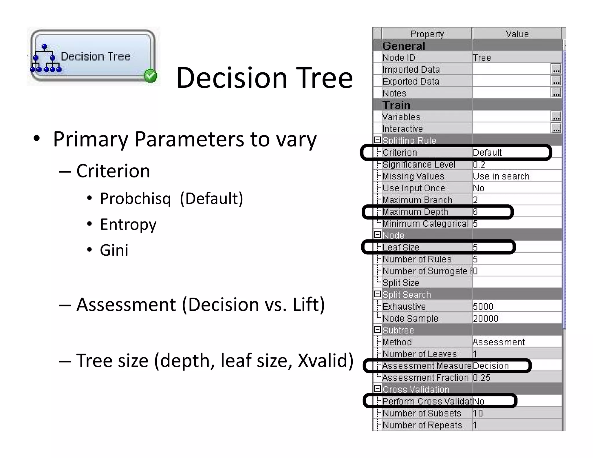Decision Tree 
• Primary Parameters to vary 
– Criterion 
• Probchisq (Default) 
• Entropy 
• Gini 
– Assessment (Decision vs. Lift) 
– Tree size (depth, leaf size, Xvalid) 
12 
 