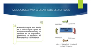 METODOLOGIA PARA EL DESARROLLO DEL SOFTWARE
Metodologia RUP (Rational
Unified Process).
Esta metodología, está dentro
de la metodologías agiles de
la ingeniería del software y se
centrada en la arquitectura,
permitiendo el desarrollo de
forma iterativa e incremental.
 