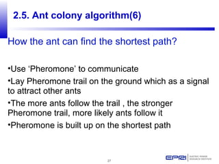 27
How the ant can find the shortest path?
•Use ‘Pheromone’ to communicate
•Lay Pheromone trail on the ground which as a signal
to attract other ants
•The more ants follow the trail , the stronger
Pheromone trail, more likely ants follow it
•Pheromone is built up on the shortest path
2.5. Ant colony algorithm(6)
 