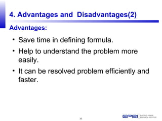 36
4. Advantages and Disadvantages(2)
Advantages:
• Save time in defining formula.
• Help to understand the problem more
easily.
• It can be resolved problem efficiently and
faster.
 