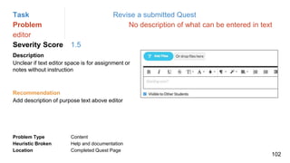 Task Revise a submitted Quest
Problem No description of what can be entered in text
editor
Severity Score 1.5
Description
Unclear if text editor space is for assignment or
notes without instruction
Problem Type Content
Heuristic Broken Help and documentation
Location Completed Quest Page
Recommendation
Add description of purpose text above editor
102
 