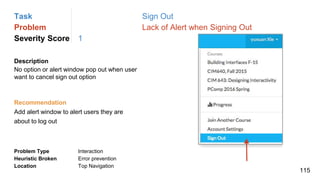 Task Sign Out
Problem Lack of Alert when Signing Out
Severity Score 1
Description
No option or alert window pop out when user
want to cancel sign out option
Problem Type Interaction
Heuristic Broken Error prevention
Location Top Navigation
Recommendation
Add alert window to alert users they are
about to log out
115
 