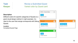 Description
Different colors for specific categories of Quests is a
good visual design method; In right example, it is
clear to the user that orange corresponds with Debug
Quests
Location
Completed Quests Page
Task Revise a Submitted Quest
Keeper Varied color by Quest card
14
 