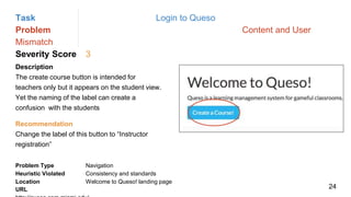 Task Login to Queso
Problem Content and User
Mismatch
Severity Score 3
Description
The create course button is intended for
teachers only but it appears on the student view.
Yet the naming of the label can create a
confusion with the students
Problem Type Navigation
Heuristic Violated Consistency and standards
Location Welcome to Queso! landing page
Recommendation
Change the label of this button to “Instructor
registration”
URL 24
 