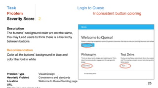 Task Login to Queso
Problem Inconsistent button coloring
Severity Score 2
Description
The buttons’ background color are not the same,
this may Lead users to think there is a hierarchy
between buttons
Problem Type Visual Design
Heuristic Violated Consistency and standards
Location Welcome to Queso! landing page
Recommendation
Color all the buttons’ background in blue and
color the font in white
URL 25
 