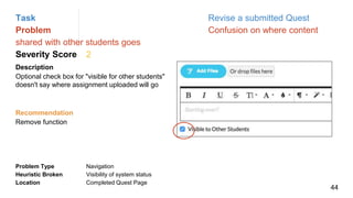 Task Revise a submitted Quest
Problem Confusion on where content
shared with other students goes
Severity Score 2
Description
Optional check box for "visible for other students"
doesn't say where assignment uploaded will go
Problem Type Navigation
Heuristic Broken Visibility of system status
Location Completed Quest Page
Recommendation
Remove function
44
 