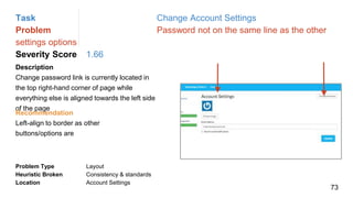 Task Change Account Settings
Problem Password not on the same line as the other
settings options
Severity Score 1.66
Description
Change password link is currently located in
the top right-hand corner of page while
everything else is aligned towards the left side
of the page
Problem Type Layout
Heuristic Broken Consistency & standards
Location Account Settings
Recommendation
Left-align to border as other
buttons/options are
73
 
