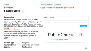Task Join Another Course
Problem Less functional feature prioritized
Severity Score 3
Description
Students must enter a course code to add a
course, currently. This causes unnecessary error
potential. Queso has a Public Course List users
can choose from classes without needing to enter
codes
Problem Type Navigation
Heuristic Broken User control and freedom
Location Top Navigation
Recommendation
Remove entering Registration Code feature
to Join Another Course and surface the
Public Course List to give more control to
users
76
 