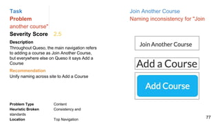 Task Join Another Course
Problem Naming inconsistency for "Join
another course"
Severity Score 2.5
Description
Throughout Queso, the main navigation refers
to adding a course as Join Another Course,
but everywhere else on Queso it says Add a
Course
Problem Type Content
Heuristic Broken Consistency and
standards
Location Top Navigation
Recommendation
Unify naming across site to Add a Course
77
 