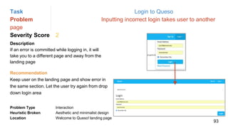 Task Login to Queso
Problem Inputting incorrect login takes user to another
page
Severity Score 2
Description
If an error is committed while logging in, it will
take you to a different page and away from the
landing page
Problem Type Interaction
Heuristic Broken Aesthetic and minimalist design
Location Welcome to Queso! landing page
Recommendation
Keep user on the landing page and show error in
the same section. Let the user try again from drop
down login area
93
 
