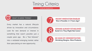 Every market has a natural lifecycle driven by innovation and circumstance. Look for something that
wasn’t possible just a couple years ago & ramp up before the market capitulates (supply > demand).
TIMING CRITERIA
Innovation Life Cycle
Innovators
(2.5 %)
Early adopters
(13.5 %)
Early majority
(34 %)
Laggards
(16 %)
Late majority
(34 %)
The Golden Era The	
  Squeeze	
  
ConsolidationEarly Movers
Capitulation
*
Innovation Adoption Curve
 
