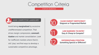 COMPETITION CRITERIA
Inefficient Market
FRAGMENTED MARKET
NO CLEAR MARKET LEADER
NEW MARKET
DEMAND EXCEEDS SUPPLY
STAGNANT MARKET
READY FOR DISRUPTION?
When a market is efﬁcient, a single entity captures
all of the value of a market. Look instead for a
market that isn’t efﬁcient either because it is new,
stagnant, or splintered (fragmented).
 