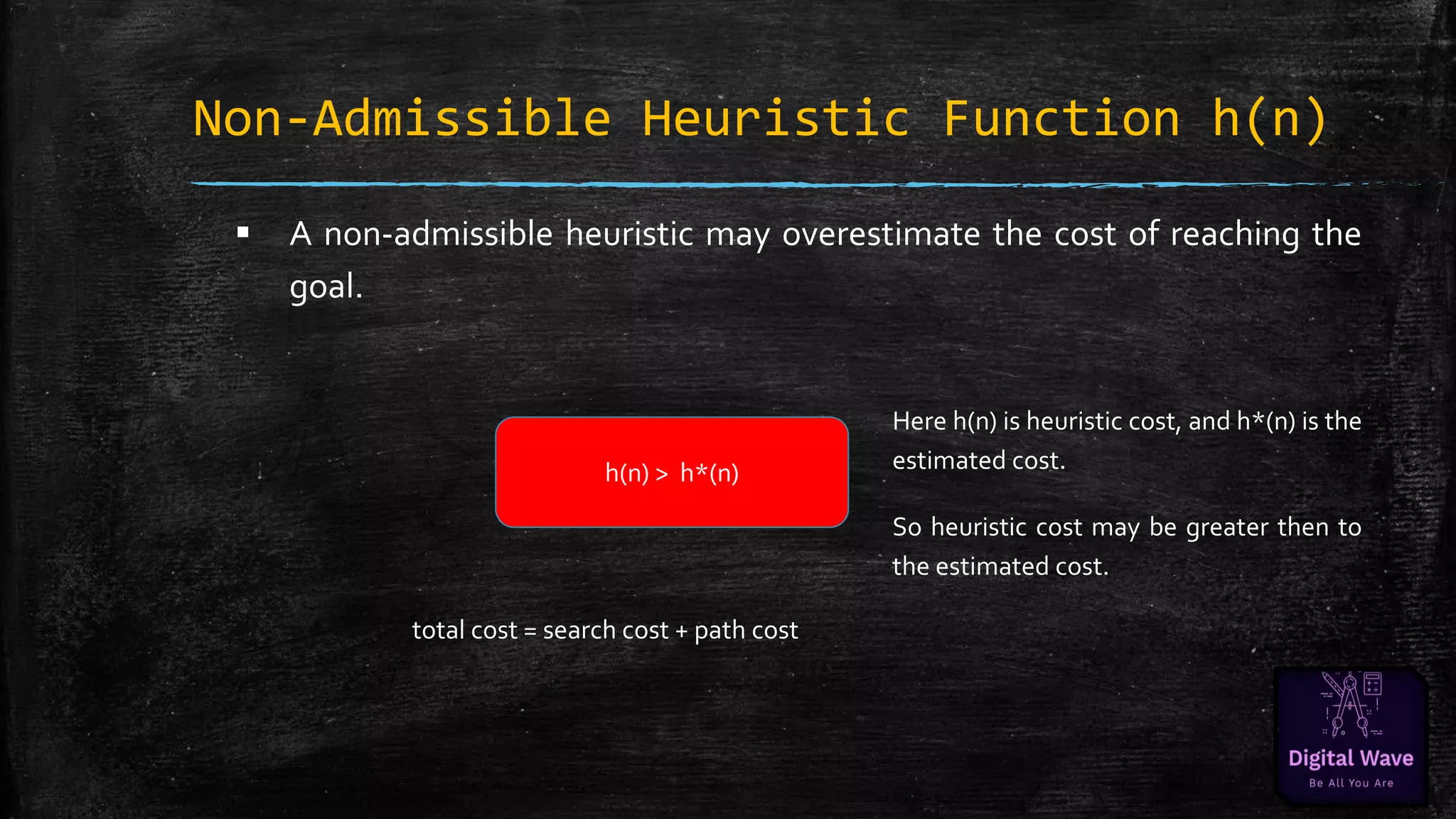 Non-Admissible Heuristic Function h(n)
▪ A non-admissible heuristic may overestimate the cost of reaching the
goal.
h(n) > h*(n)
Here h(n) is heuristic cost, and h*(n) is the
estimated cost.
So heuristic cost may be greater then to
the estimated cost.
total cost = search cost + path cost
 
