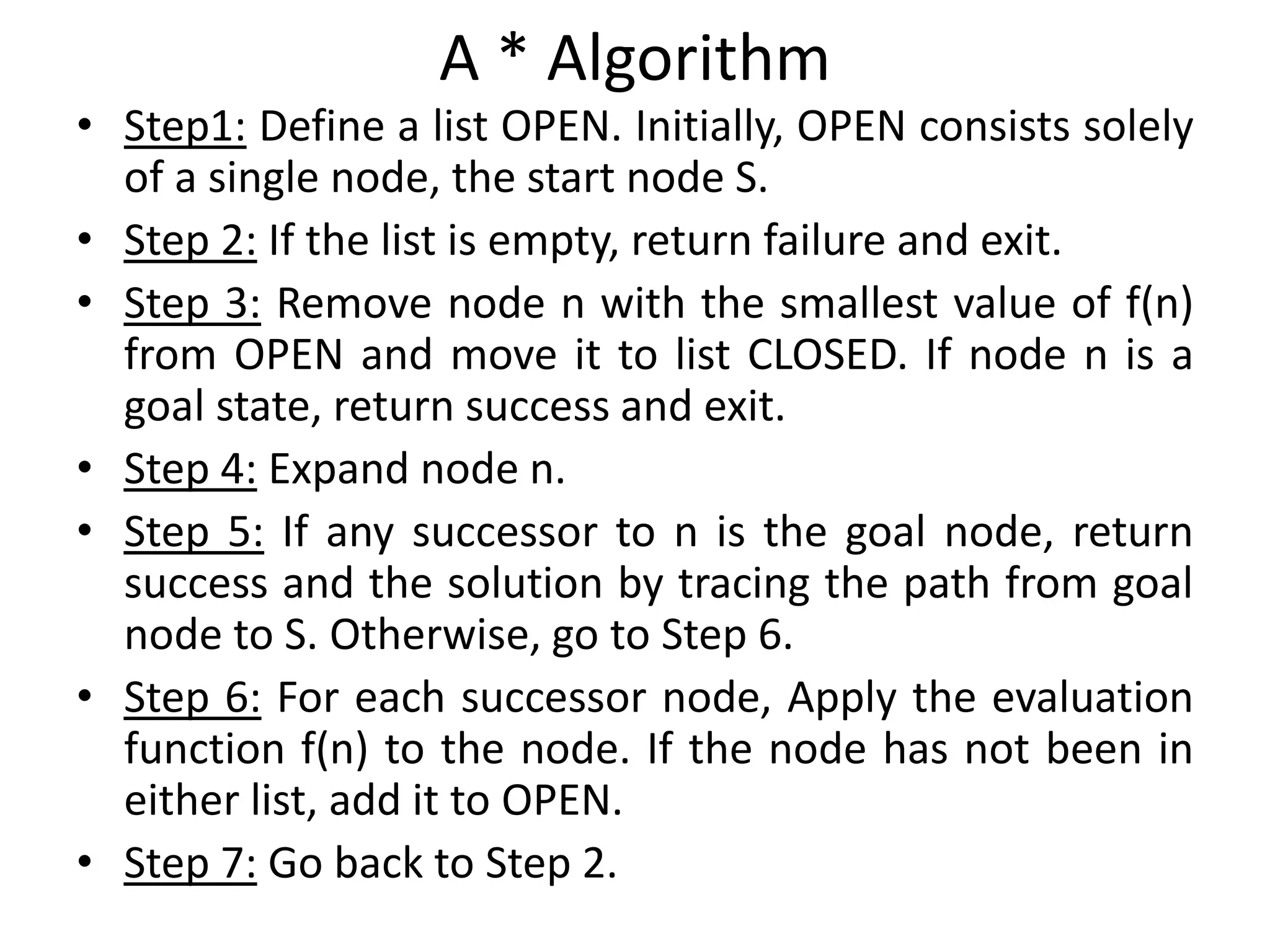 A * Algorithm
• Step1: Define a list OPEN. Initially, OPEN consists solely
of a single node, the start node S.
• Step 2: If the list is empty, return failure and exit.
• Step 3: Remove node n with the smallest value of f(n)
from OPEN and move it to list CLOSED. If node n is a
goal state, return success and exit.
• Step 4: Expand node n.
• Step 5: If any successor to n is the goal node, return
success and the solution by tracing the path from goal
node to S. Otherwise, go to Step 6.
• Step 6: For each successor node, Apply the evaluation
function f(n) to the node. If the node has not been in
either list, add it to OPEN.
• Step 7: Go back to Step 2.
 