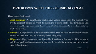 PROBLEMS WITH HILL CLIMBING IN AI
Three issues Addressed
• Local Maximum- All neighboring states have values worse than the current. The
greedy approach means we won’t be moving to a worse state. This terminates the
process even though there may have been a better solution. As a workaround, we
use backtracking.
• Plateau- All neighbors to it have the same value. This makes it impossible to choose
a direction. To avoid this, we randomly make a big jump.
• Ridge- At a ridge, movement in all possible directions is downward. This makes it
look like a peak and terminates the process. To avoid this, we may use two or more
rules before testing.
4/4/2023 11
 
