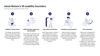 Jakob Nielsen's 10 usability heuristics
https://www.nngroup.com/articles/ten-usability-heuristics
1
Visibility of system status


The design should always
keep users informed about
what is going on, through
appropriate feedback within
a reasonable amount of
time.
2
Match between system and
the real world


The design should speak the
users' language. Use words,
phrases, and concepts
familiar to the user, rather
than internal jargon. Follow
real-world conventions,
making information appear
in a natural and logical order.
3
User control and freedom


Users often perform actions
by mistake. They need a
clearly marked "emergency
exit" to leave the unwanted
action without having to go
through an extended
process.
4
Consistency and standards


Users should not have to
wonder whether different
words, situations, or actions
mean the same thing. Follow
platform and industry
conventions.
5
Error prevention


Good error messages are
important, but the best
designs carefully prevent
problems from occurring in
the first place. Either
eliminate error-prone
conditions, or check for them
and present users with a
confirmation option before
they commit to the action.
 