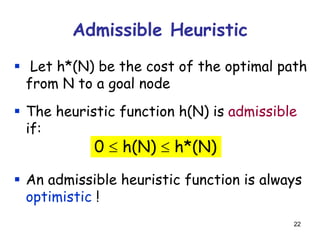 22
Admissible Heuristic
 Let h*(N) be the cost of the optimal path
from N to a goal node
 The heuristic function h(N) is admissible
if:
0  h(N)  h*(N)
 An admissible heuristic function is always
optimistic !
 