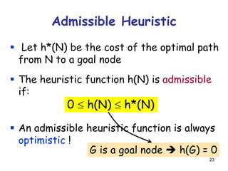 23
Admissible Heuristic
 Let h*(N) be the cost of the optimal path
from N to a goal node
 The heuristic function h(N) is admissible
if:
0  h(N)  h*(N)
 An admissible heuristic function is always
optimistic !
G is a goal node  h(G) = 0
 