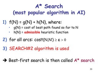 33
A* Search
(most popular algorithm in AI)
1) f(N) = g(N) + h(N), where:
• g(N) = cost of best path found so far to N
• h(N) = admissible heuristic function
2) for all arcs: cost(N,N’)   > 0
3) SEARCH#2 algorithm is used
 Best-first search is then called A* search
 