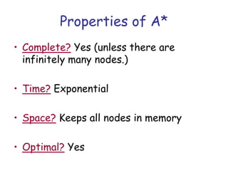 Properties of A*
• Complete? Yes (unless there are
infinitely many nodes.)
• Time? Exponential
• Space? Keeps all nodes in memory
• Optimal? Yes
 