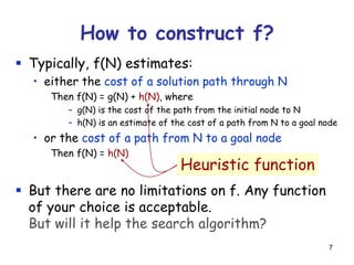 7
 Typically, f(N) estimates:
• either the cost of a solution path through N
Then f(N) = g(N) + h(N), where
– g(N) is the cost of the path from the initial node to N
– h(N) is an estimate of the cost of a path from N to a goal node
• or the cost of a path from N to a goal node
Then f(N) = h(N)
 But there are no limitations on f. Any function
of your choice is acceptable.
But will it help the search algorithm?
How to construct f?
Heuristic function
 