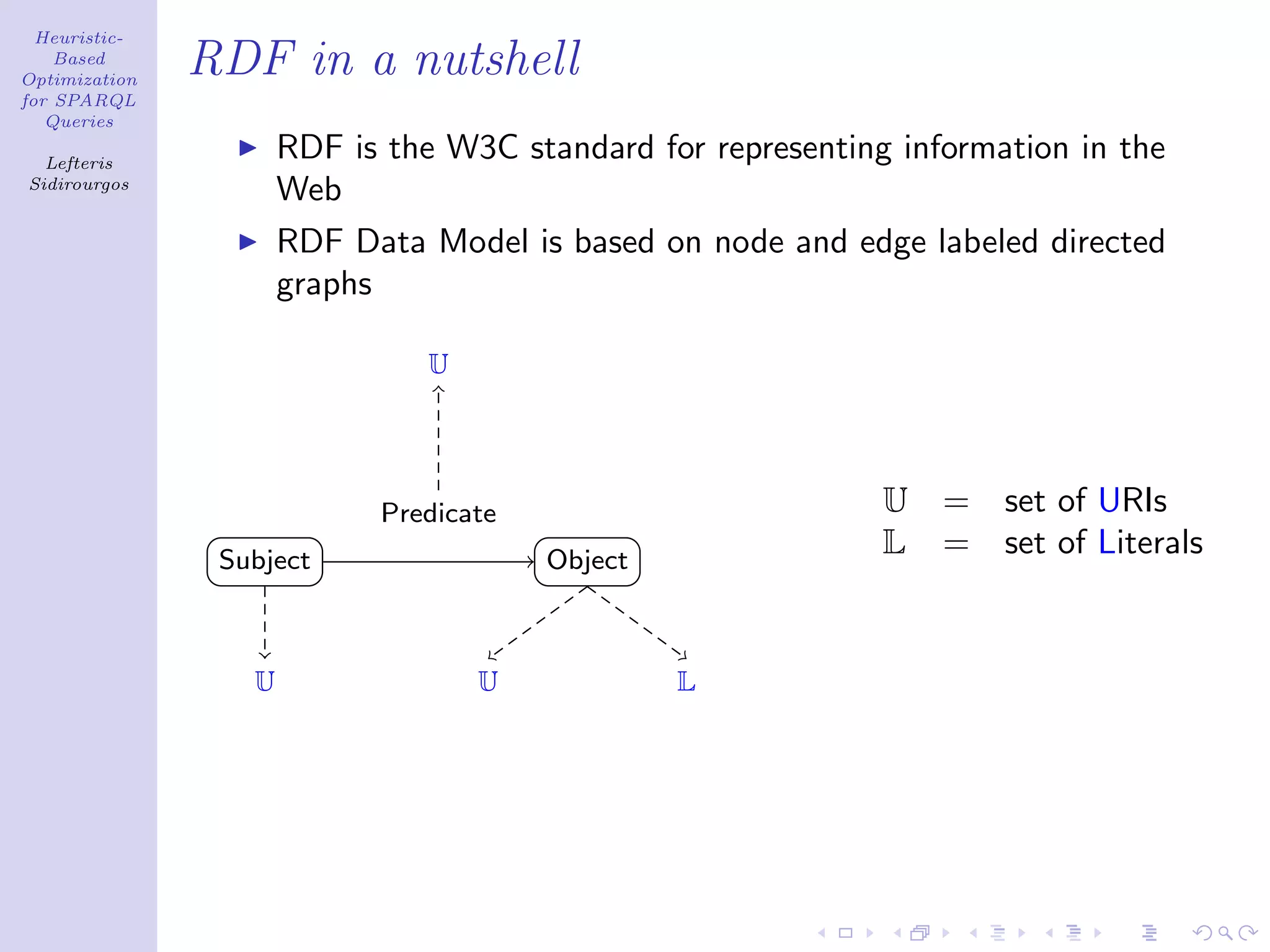 Heuristic-
    Based
Optimization
               RDF in a nutshell
for SPARQL
   Queries

  Lefteris
                      RDF is the W3C standard for representing information in the
Sidirourgos
                      Web
                      RDF Data Model is based on node and edge labeled directed
                      graphs

                                U




                            Predicate                         U   =   set of URIs
                Subject                 Object
                                                              L   =   set of Literals


                  U                 U            L
 
