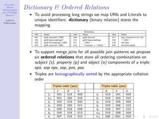 Heuristic-
    Based
Optimization
               Dictionary & Ordered Relations
for SPARQL
   Queries        To avoid processing long strings we map URIs and Literals to
  Lefteris        unique identiﬁers: dictionary (binary relation) stores the
Sidirourgos
                  mapping
                                                                    Dictionary
                  Oid   Value                         Oid         Value                     Oid         Value
                  001   sp2b:Journal1/1940            009         sp2b:Journal              017         www.dielectrics.tld
                  002   sp2b:Inproceeding17           010         sp2b:Inproceedings        018         ‘‘1940’’
                  003   sp2b:Proceeding1/1954         011         ‘‘1954’’                  019         rdf:type
                  004   sp2b:Journal1/1952            012         ‘‘Journal 1 (1952)’’      020         dcterms:issued


                  To support merge joins for all possible join patterns we propose
                  six ordered relations that store all ordering combinations on
                  subject (s), property (p) and object (o) components of a triple:
                  spo, sop ops, osp, pos, pso.
                  Triples are lexicographically sorted by the appropriate collation
                  order
                                 Triples table (spo)                               Triples table (pso)
                                    s           p           o                         p           s         o
                           t1       001         019         009              t1       019         001       009
                           t13      001         020         018              t2       019         002       010
                           t2       002         019         020              t5       019         005       009
                           t3       003         020         011              t6       019         006       013
                           t5       005         019         009              t8       019         007       010
                           t6       006         019         013              t10      019         008       009
                           t7       007         019         010              t13      020         001       018
 