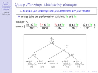 Heuristic-
    Based
Optimization
               Query Planning: Motivating Example
for SPARQL
   Queries

  Lefteris
                 2. Multiple join orderings and join algorithms per join variable
Sidirourgos

                  merge joins are performed on variables ?z and ?x
               select ?y
                       s0 p0 ?x ?y p1 ?x                               ?y p2 ?z           s1 p3 ?z                s2 p4 ?z
               where { (tp0) . (tp1)                          .          (tp2)      .      (tp3)              .    (tp4)     }

                                                            π ?y
                                                                  hj
                                                                  ?y
                                                                                    mj
                                                                                    ?z



                                  mj                                                           mj
                                  ?x                                                           ?z


                       σ (spo)          σ    (pos)        σ (pos)            σ    (spo)             σ (spo)
                        subject = s0        property=p1    property = p2         subject=s1          subject=s2
                        property = p0                                            property=p3         property = p4
                           [tp0]               [tp1]          [tp2]                  [tp3]              [tp4]
 