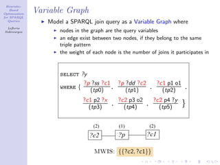 Heuristic-
    Based
Optimization
               Variable Graph
for SPARQL
   Queries
                  Model a SPARQL join query as a Variable Graph where
  Lefteris
Sidirourgos           nodes in the graph are the query variables
                      an edge exist between two nodes, if they belong to the same
                      triple pattern
                      the weight of each node is the number of joins it participates in



                      select ?y
                              ?p ?ss ?c1 ?p ?dd ?c2                   ?c1 p1 o1
                      where {   (tp0) .     (tp1)               .       (tp2)     .
                                ?c1 p2 ?x       ?c2 p3 o2           ?c2 p4 ?y
                                  (tp3)     .     (tp4)     .         (tp5)       }

                                    (2)         (1)             (2)
                                  ?c2           ?p          ?c1

                                    MWIS: {{?c2, ?c1}}
 