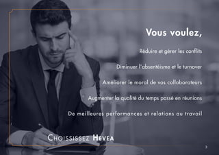 Choississez Hevea
Vous voulez,
Réduire et gérer les conflits
Diminuer l’absentéisme et le turnover
Améliorer le moral de vos collaborateurs
Augmenter la qualité du temps passé en réunions
De meilleures performances et relations au travail
3
 