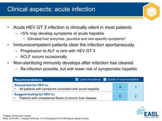 Clinical aspects: acute infection
*Fatigue, itching and nausea
EASL CPG HEV. J Hepatol 2018;doi: 10.1016/j.jhep.2018.03.005 [Epub ahead of print]
• Acute HEV GT 3 infection is clinically silent in most patients
– <5% may develop symptoms of acute hepatitis
• Elevated liver enzymes, jaundice and non-specific symptoms*
• Immunocompetent patients clear the infection spontaneously
– Progression to ALF is rare with HEV GT 3
– ACLF occurs occasionally
• Non-sterilizing immunity develops after infection has cleared
– Re-infection possible, but with lower risk of symptomatic hepatitis
Recommendations
Should test for HEV in:
• All patients with symptoms consistent with acute hepatitis
A 1
Suggest testing for HEV in:
• Patients with unexplained flares of chronic liver disease
C 2
Level of evidence Grade of recommendation
 