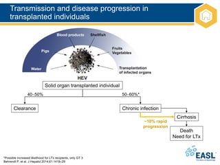 Transmission and disease progression in
transplanted individuals
*Possible increased likelihood for LTx recipients, only GT 3
Behrendt P, et al. J Hepatol 2014;61:1418–29
4050%
Solid organ transplanted individual
Clearance Chronic infection
5060%*
Cirrhosis
~10% rapid
progression
Death
Need for LTx
 