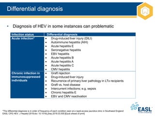 Differential diagnosis
*The differential diagnosis is in order of frequency of each condition seen at a rapid-access jaundice clinic in Southwest England
EASL CPG HEV. J Hepatol 2018;doi: 10.1016/j.jhep.2018.03.005 [Epub ahead of print]
• Diagnosis of HEV in some instances can problematic
Infection status Differential diagnosis
Acute infection*  Drug-induced liver injury (DILI)
 Autoimmune hepatitis (AIH)
 Acute hepatitis E
 Seronegative hepatitis
 EBV hepatitis
 Acute hepatitis B
 Acute hepatitis A
 Acute hepatitis C
 CMV hepatitis
Chronic infection in
immunosuppressed
individuals
 Graft rejection
 Drug-induced liver injury
 Recurrence of primary liver pathology in LTx recipients
 Graft vs. host disease
 Intercurrent infections; e.g. sepsis
 Chronic hepatitis E
 EBV and CMV reactivation
 