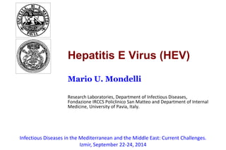 Hepatitis E Virus (HEV) 
Mario U. Mondelli 
Research Laboratories, Department of Infectious Diseases, 
Fondazione IRCCS Policlinico San Matteo and Department of Internal 
Medicine, University of Pavia, Italy. 
Infectious Diseases in the Mediterranean and the Middle East: Current Challenges. 
Izmir, September 22-24, 2014 
 