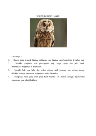.
HEWAN BURUNG HANTU
Ciri-cirinya :
1. Burung hantu termasuk binatang nokturnal, yaitu binatang yang beraktivitas di malam hari.
2. Memiliki penglihatan dan pendengaran yang sangat tajam dan peka untuk
menemukan mangsanya di malam hari.
3. Memiliki bulu yang halus dan lembut sehingga tidak terdengar saat terbang, dengan
demikian ia dapat menyambar mangsanya secara diam-diam.
4. Mempunyai leher yang lentur yang dapat berputar 180 derajat, sehingga dapat melihat
mangsanya yang ada di belakang.
 