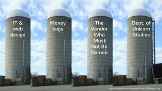 IT &
web
design
Money
bags
The
Vendor
Who
Must
Not Be
Named
Dept. of
Unicorn
Studies
https://c2.staticflickr.com/6/5096/55...