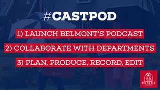 #CASTPOD
1) LAUNCH BELMONTS PODCAST
2) COLLABORATE WITH DEPARTMENTS
3) PLAN, PRODUCE, RECORD, EDIT
 