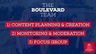 THE  
BOULEVARD 
TEAM
1) CONTENT PLANNING & CREATION
2) MONITORING & MODERATION
3) FOCUS GROUP
 